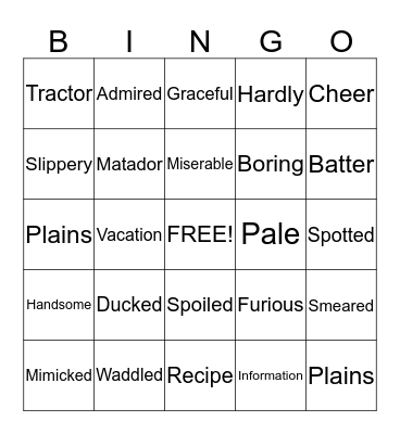 Harcourt Vocabulary Words Bingo Card