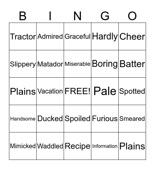 Harcourt Vocabulary Words Bingo Card