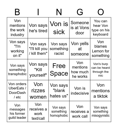 Von Bingo Card