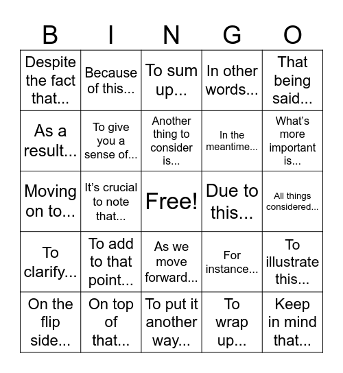 Transitions! Bingo Card