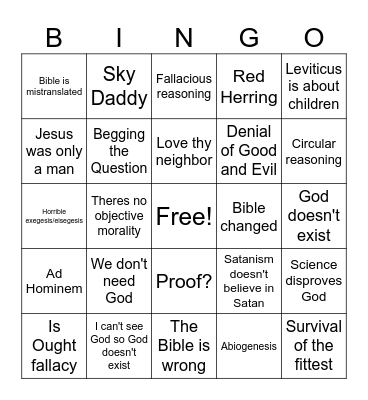 Atheist Bingo Board Bingo Card