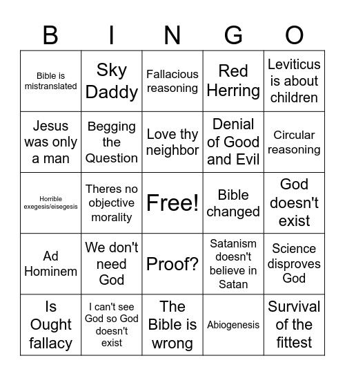 Atheist Bingo Board Bingo Card