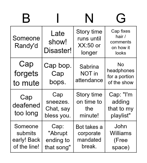 Captain's Hour Bingo Card