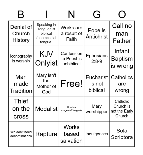 Protestant Bingo Board Bingo Card