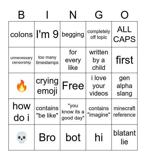 Roblox Comment Bingo Card