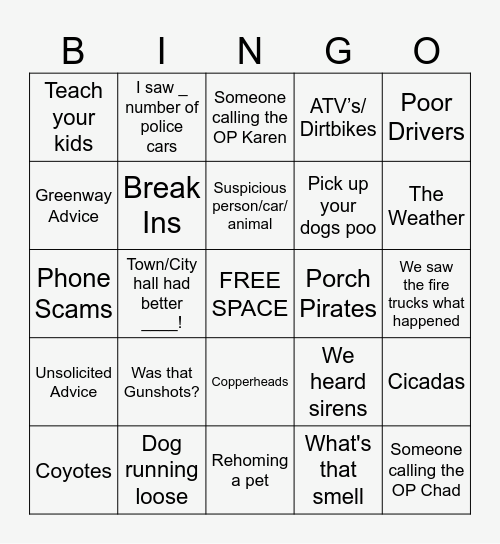 NEXTDOOR BINGO Card