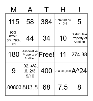 Math Bingo Card