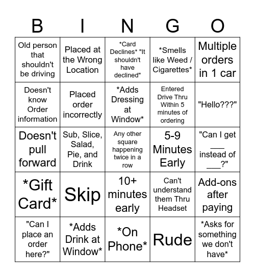 Dion's Drive Thru Bingo Card