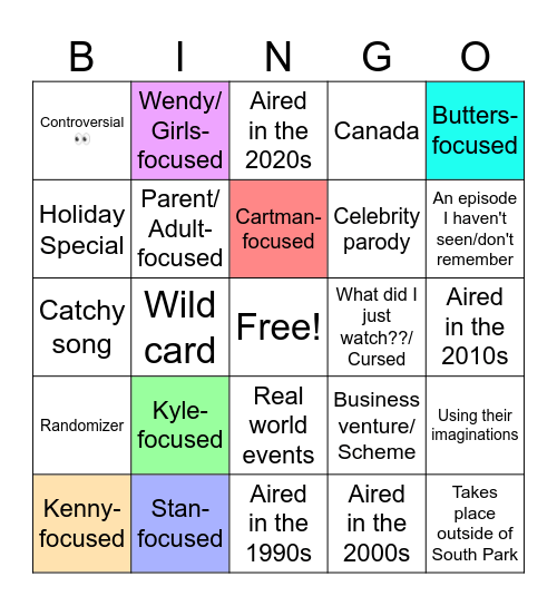 South Park episode bingo Card