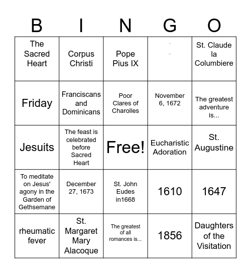 Sacred Heart of Jesus Bingo Card