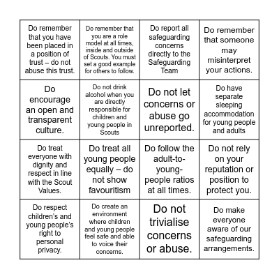 Safeguarding Bingo Card