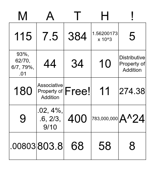 Math Bingo Card