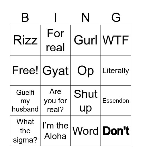 Briella Bingo Card