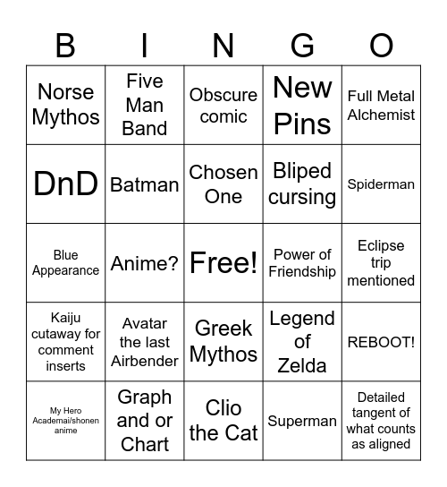 Trope Talk Bingo Card