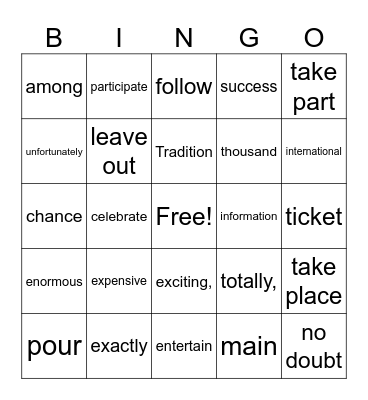 Vocabulary bingo Card
