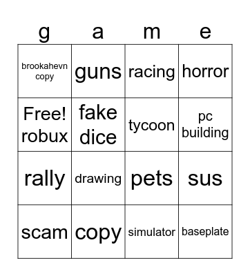 roblox games Bingo Card