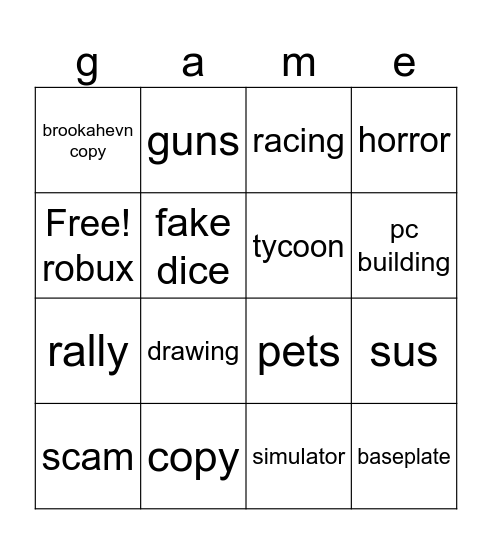 roblox games Bingo Card
