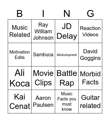 Youtube Shorts Bingo Card