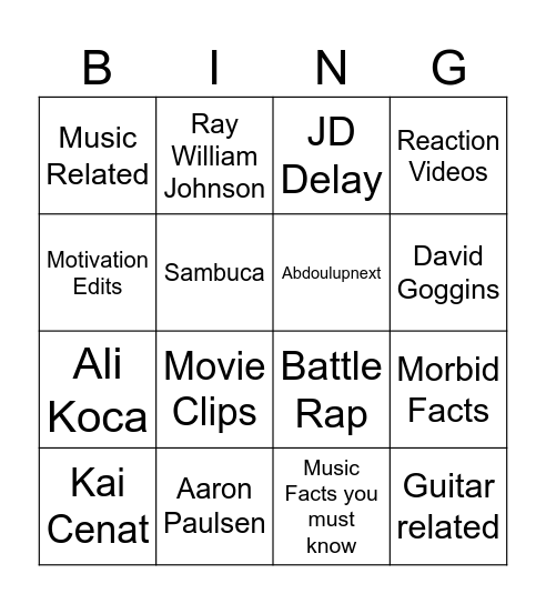 Youtube Shorts Bingo Card