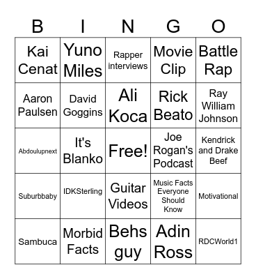 Youtube Shorts Bingo Card