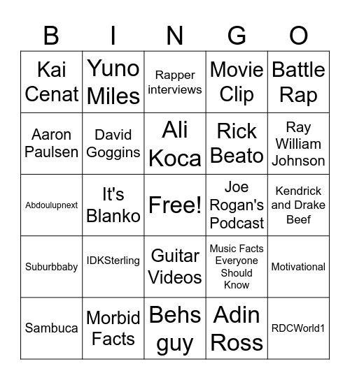 Youtube Shorts Bingo Card