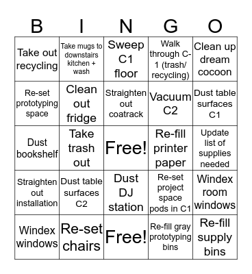 Clean Up! Bingo Card