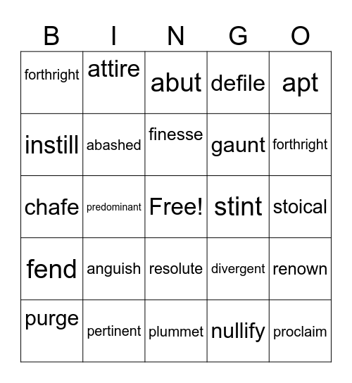 Vocabulary Workshop Bingo Card