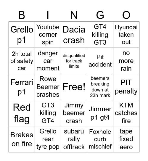 Nurburgring 24 2024 bingo Card