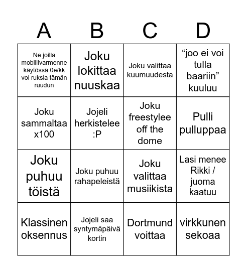 Jojelin Synttäribongi Bingo Card