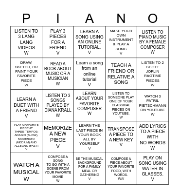 SUMMER PIANO CHALLENGE! Bingo Card