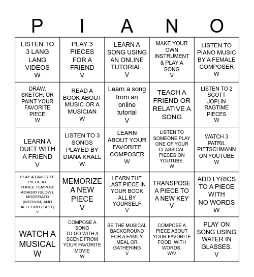 SUMMER PIANO CHALLENGE! Bingo Card