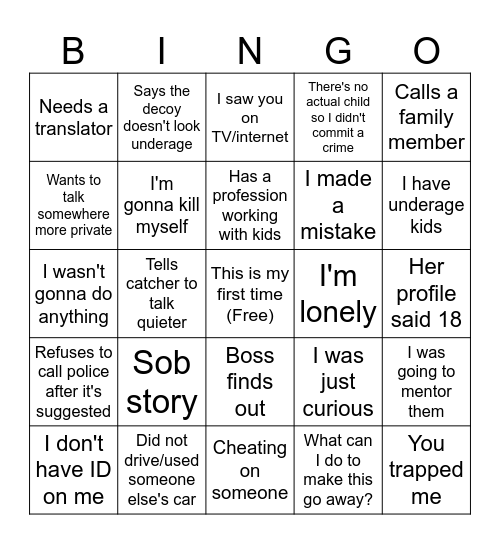 Child Predator Catcher Bingo Card