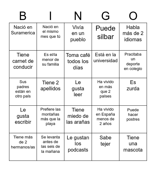 Bingo humano Bingo Card