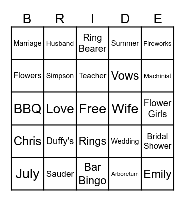 Bride to Be Bingo Card