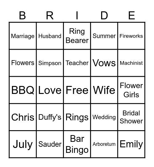 Bride to Be Bingo Card