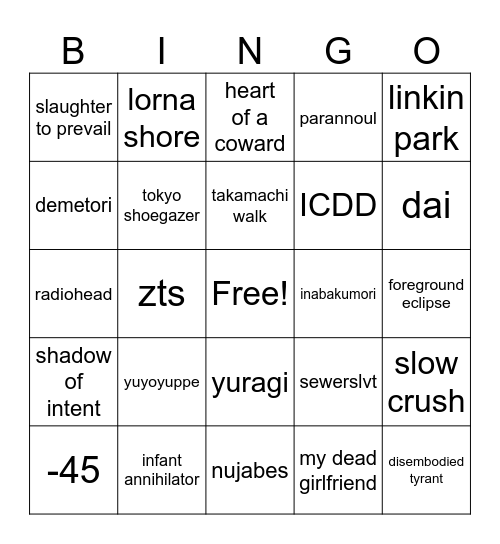 music bingo Card