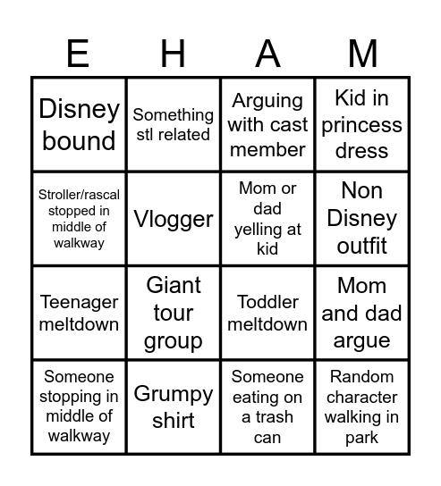 Different people in Disney world Bingo Card