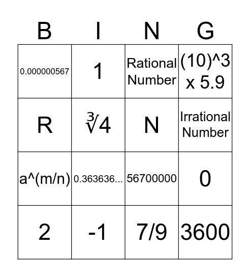 DXLCR Math Bingo Card