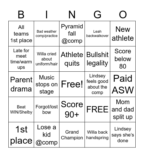 Cheer Bingo!! Bingo Card