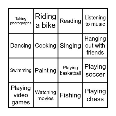 Hobbies and Interests Bingo Card