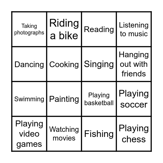 Hobbies and Interests Bingo Card