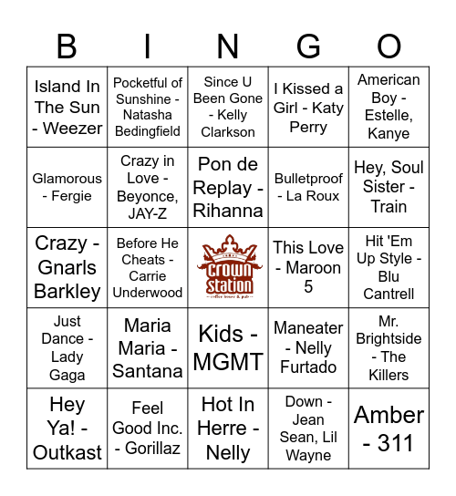 Crown Station Music Bingo Card