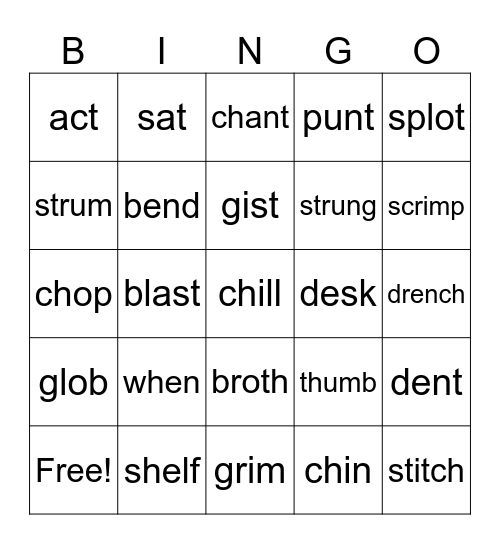 Short Vowels, Blend, Digraphs Bingo Card