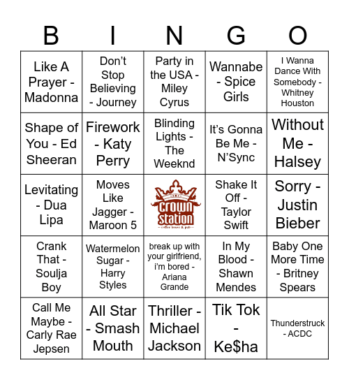 Crown Station Music Bingo Card