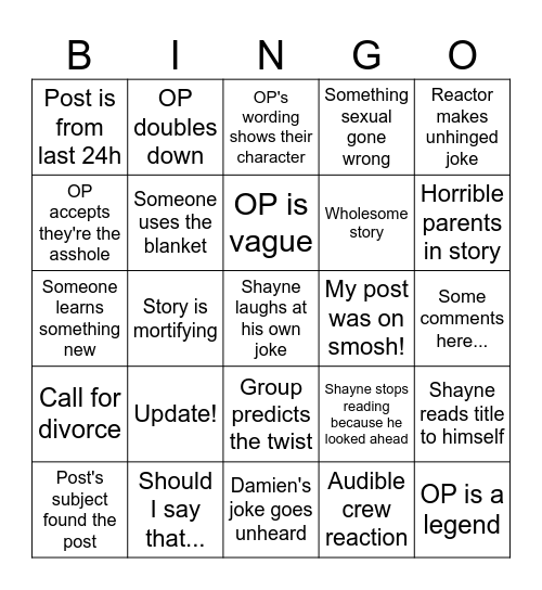 Reddit Stories Bingo Card