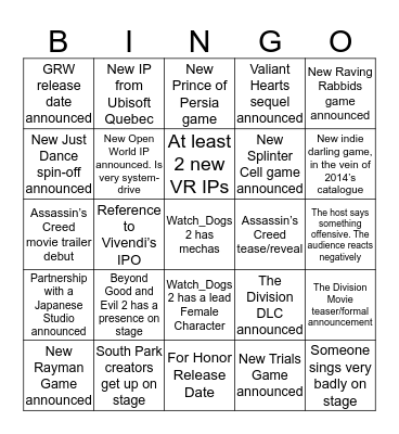 Ubisoft 2016 E3 Conference Bingo Card