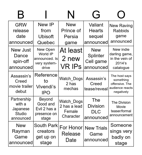 Ubisoft 2016 E3 Conference Bingo Card