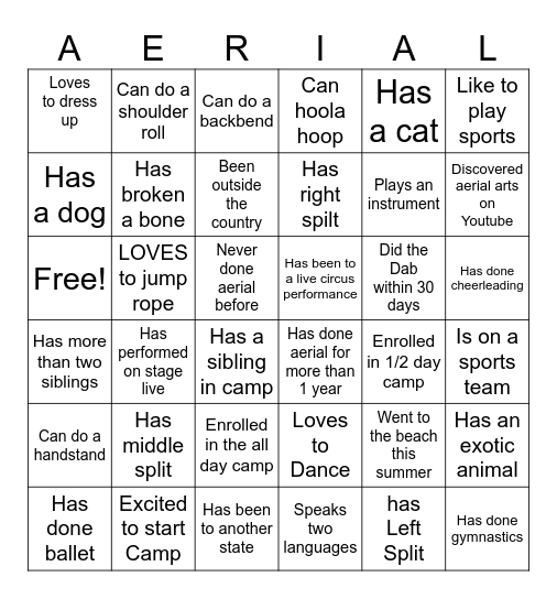 First Day of Camp Bingo Card