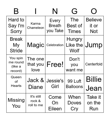 80's Mix Tape, '80-'84 Bingo Card