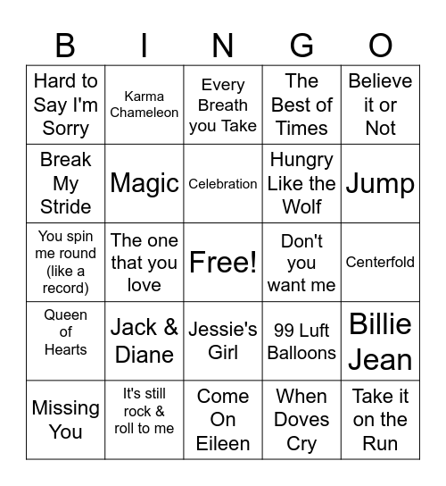80's Mix Tape, '80-'84 Bingo Card